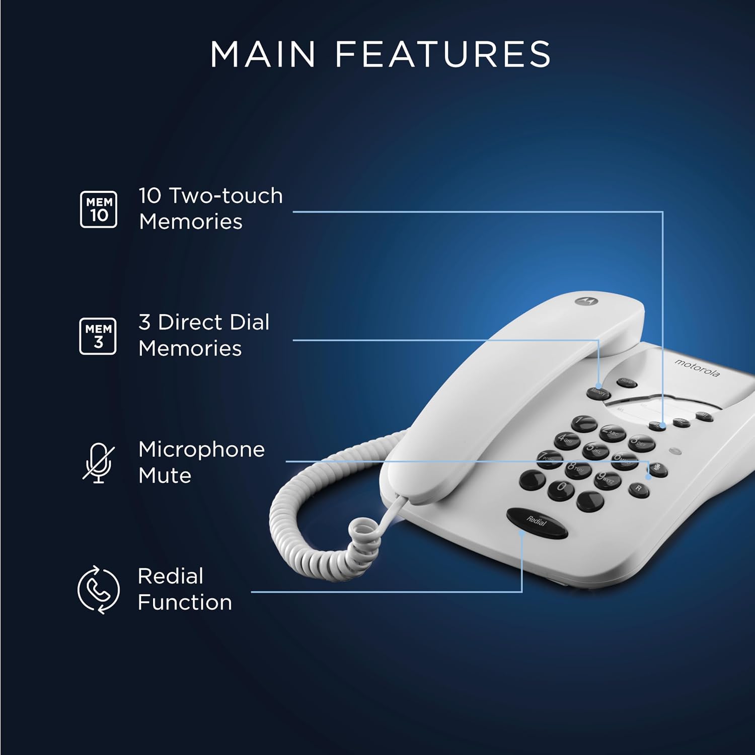 Motorola CT1 Corded Telephone 3 Direct Dial Keys Mute Function Wall Mountable (Renewed)