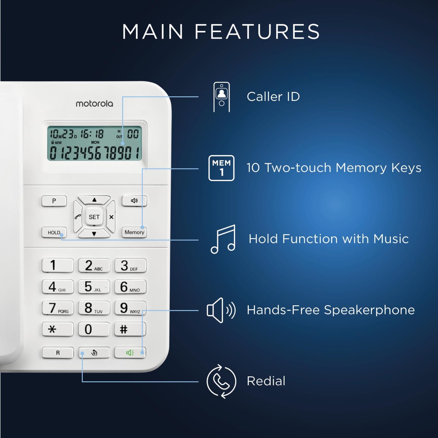 Motorola CT202 Corded Telephone Hands-Free Speakerphone Caller ID White (Renewed)