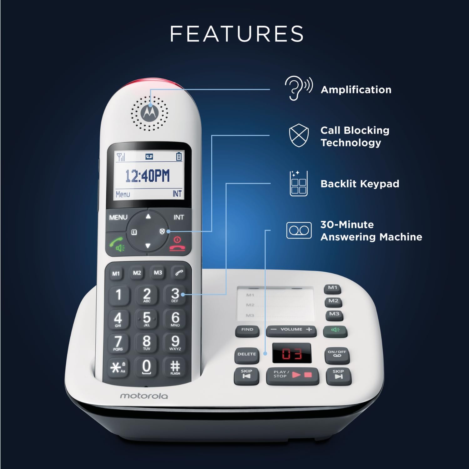 Motorola CD5012 Digital Cordless Phone Big Buttons Call Blocking Answer Machine (Renewed)