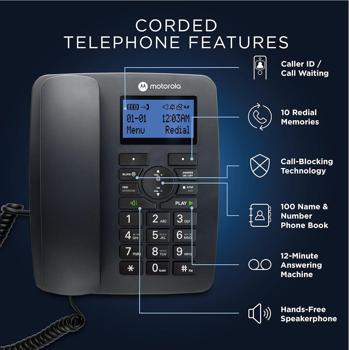 Motorola C4201 Corded & Cordless Home Phone Combo Speakerphone Caller ID (Renewed)