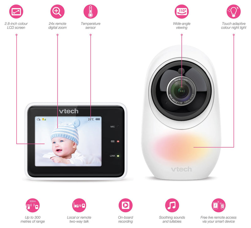 VTech RM2751 2.8'' Smart Video Baby Monitor Night Vision 1080p White (Refurbished B-Grade)