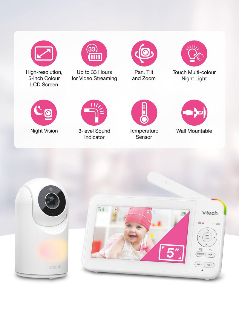 VTech VM5467 Video Baby Monitor 5'' Pan & Tilt With Night Light Lullabies (Renewed)