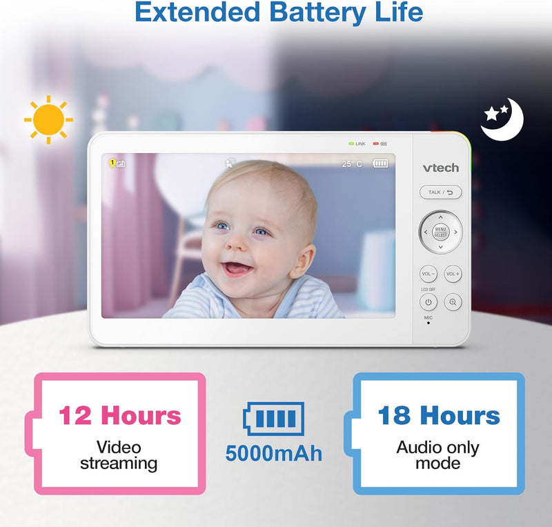 VTech VM7467 Video Baby Monitor With 7'' Screen Pan Tilt Zoom Night Light (Renewed)