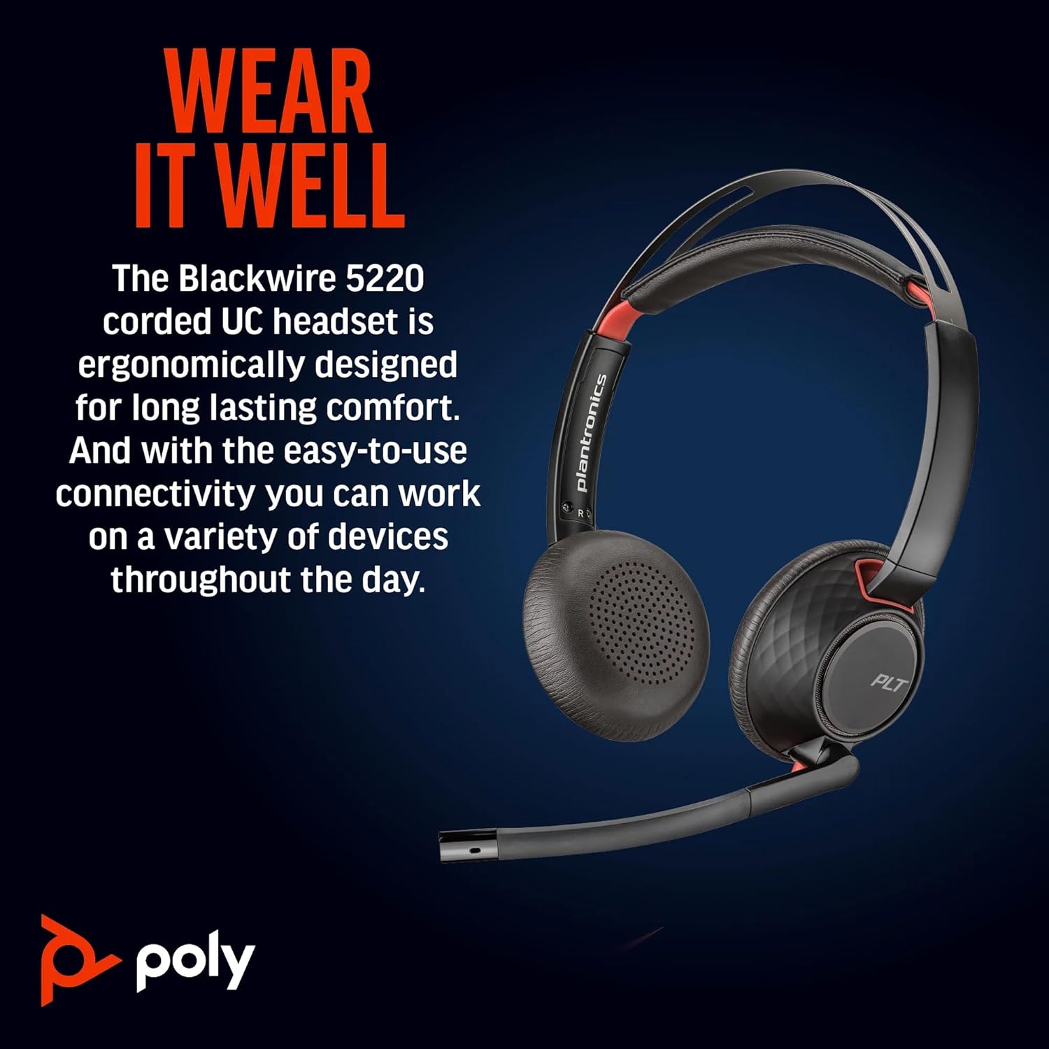 Poly Blackwire 5220 Stereo USB-C Headset +3.5mm Plug +USB-C/A Adapter (New)
