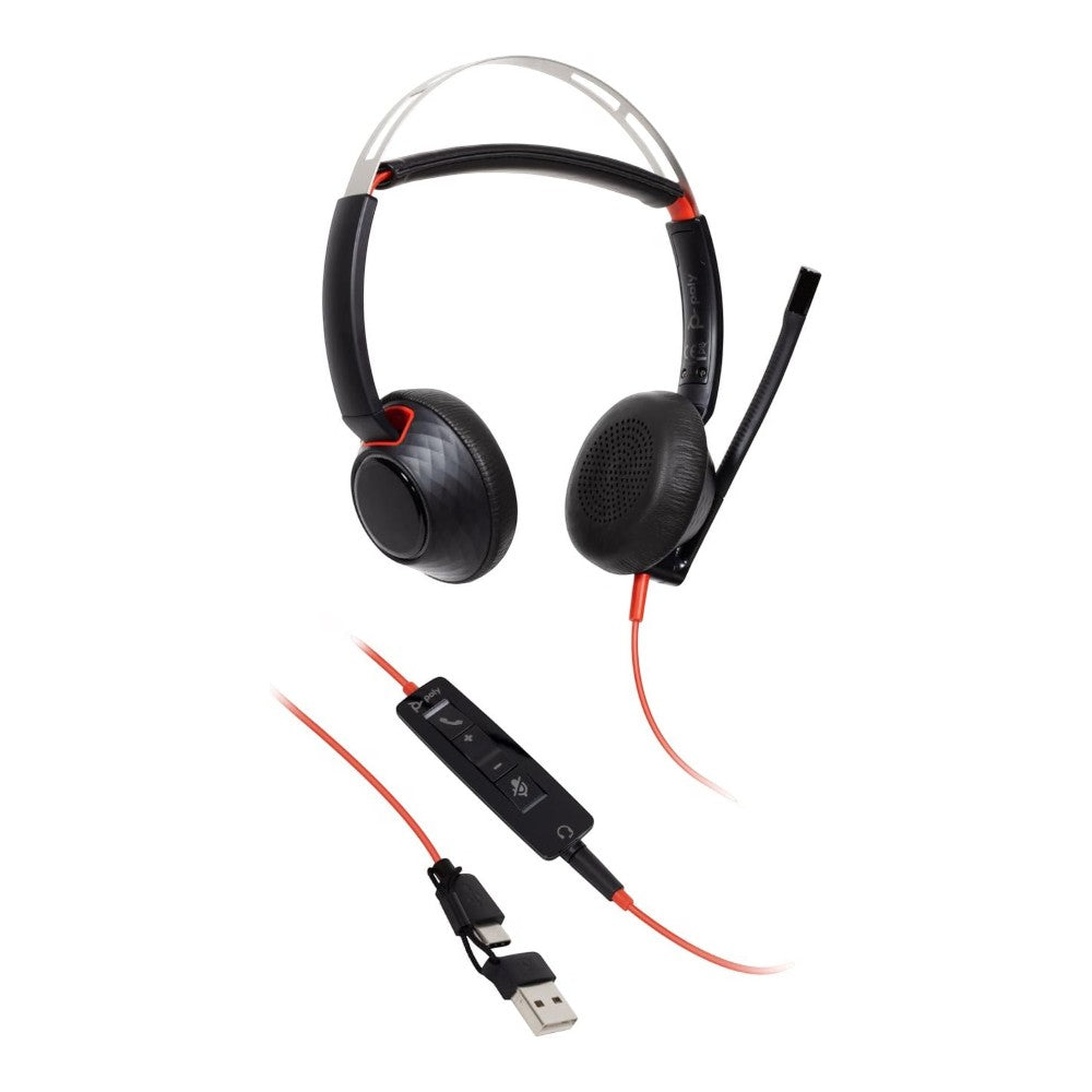 Poly Blackwire 5220 Stereo USB-C Headset +3.5mm Plug +USB-C/A Adapter (New)