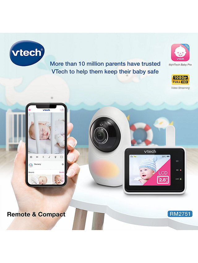 VTech RM2751 2.8'' Smart Video Baby Monitor Night Vision 1080p White (Renewed)