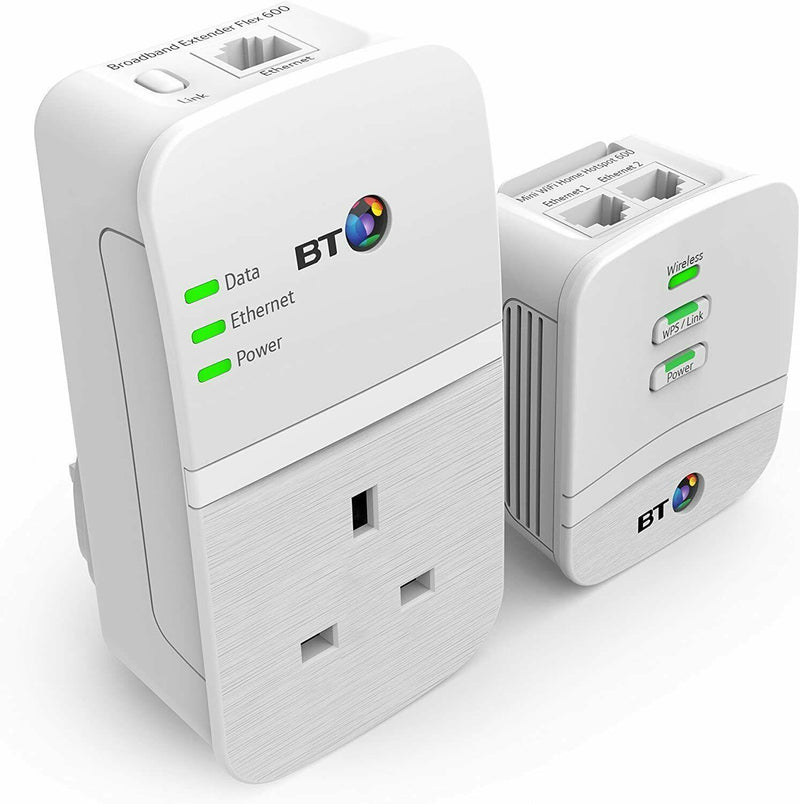 BT Home Hotspot Flex 600 Kit Wired AV600 Powerline N150 Wi-Fi And Pass Through Socket (New)