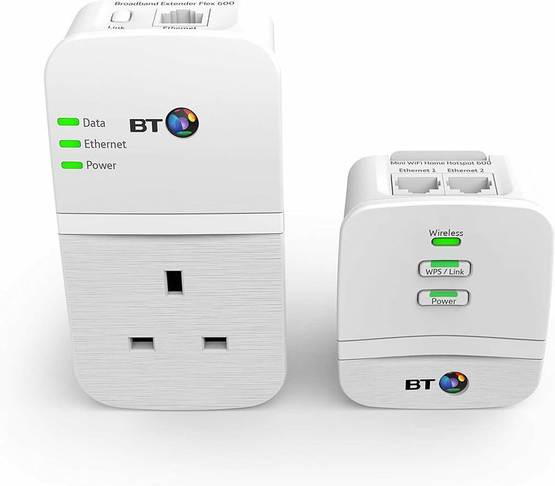 BT Home Hotspot Flex 600 Kit Wired AV600 Powerline N150 Wi-Fi And Pass Through Socket (New)
