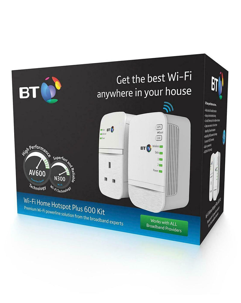 BT Wi-Fi Home Hotspot Plus 600 Kit With Wired AV600 Powerline N300 Wi-Fi And Pass-Through Socket (Renewed)