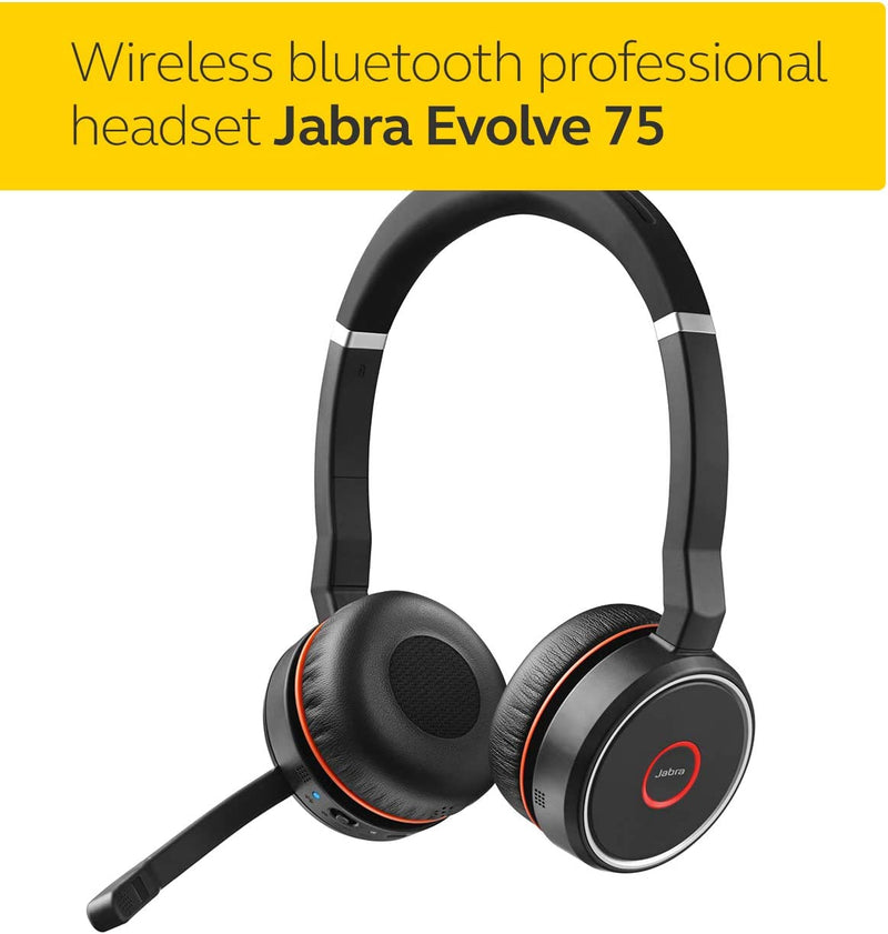 Jabra Evolve 75 MS Certified Wireless On-Ear Stereo Headset Noise Cancellation (Renewed)