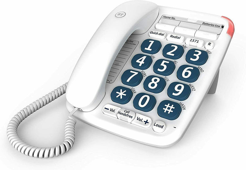 BT Corded Landline Home Telephone Big Button 200 Handsfree White (New)