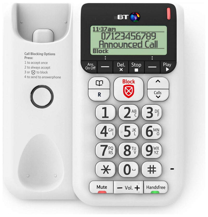 BT Corded Landline Phone Decor 2600 Advanced Call Blocker White (New)