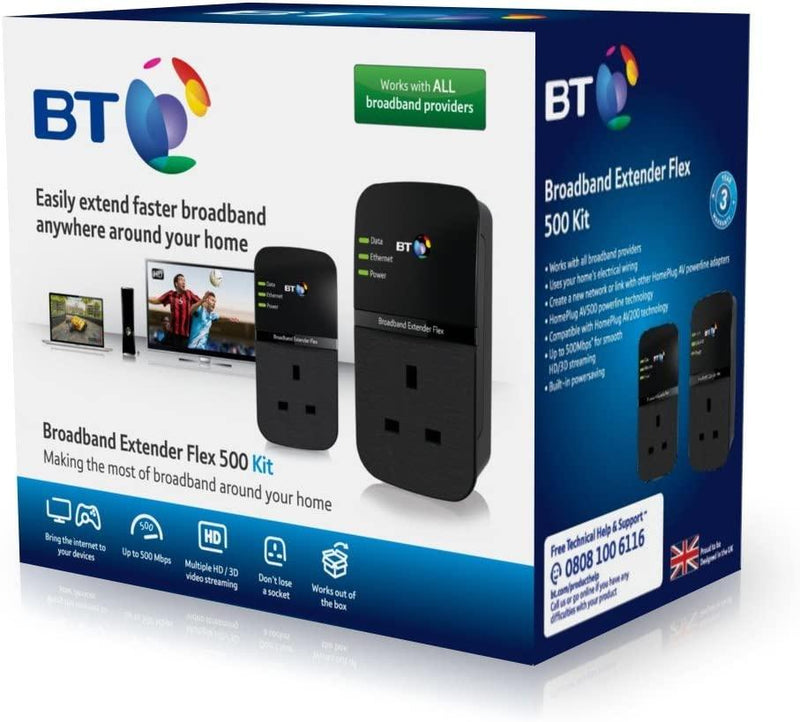 BT Broadband Extender Flex 500 Kit Pass-Through Socket AV500 Powerline 078674 (New)